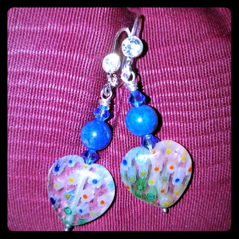 Lapis Heart Silver Lever back Earrings